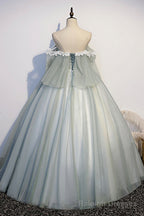 Green Tulle Long Prom Dress with Lace, Off the Shoulder Prom Gowns