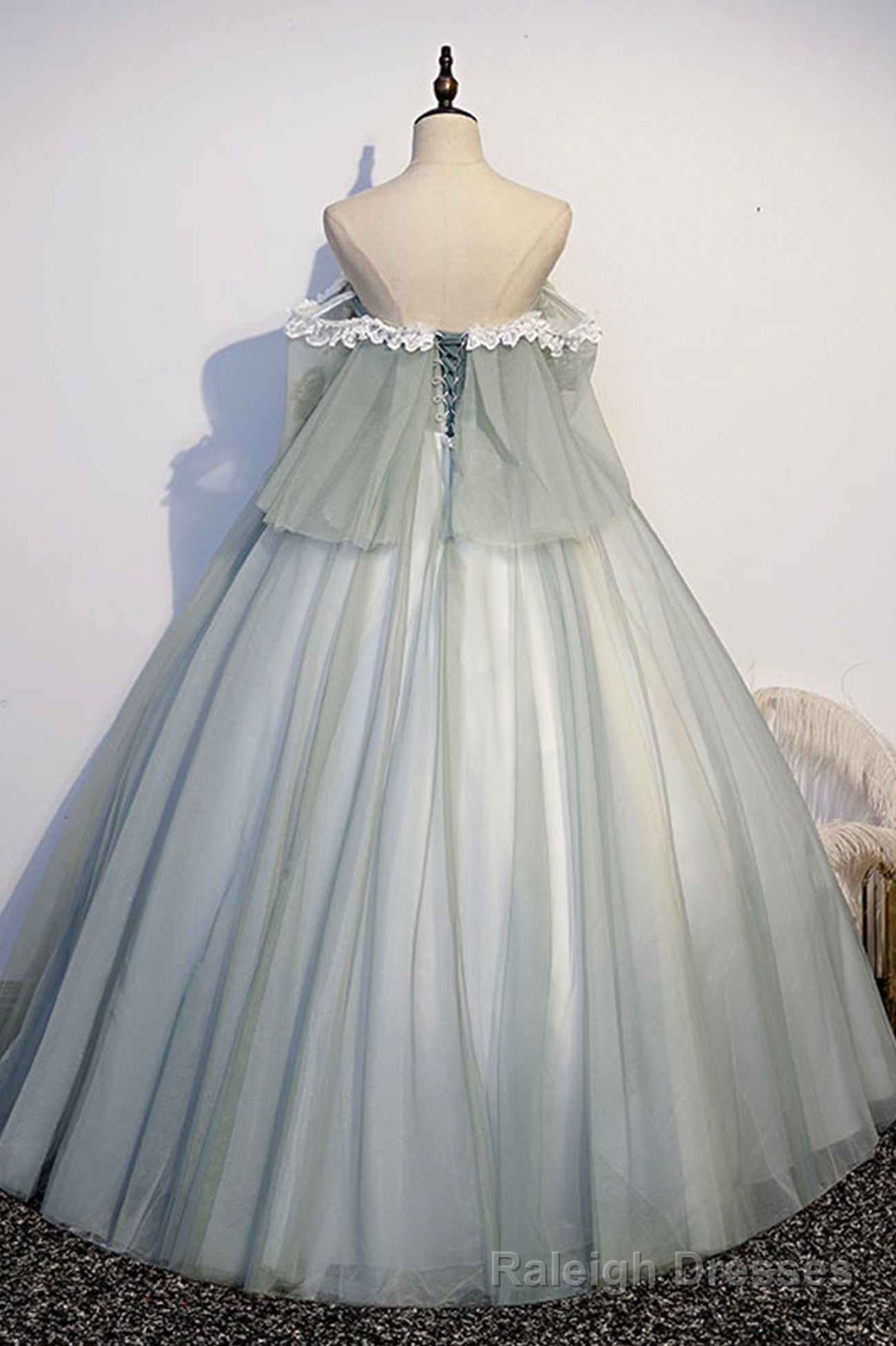 Green Tulle Long Prom Dress with Lace, Off the Shoulder Prom Gowns