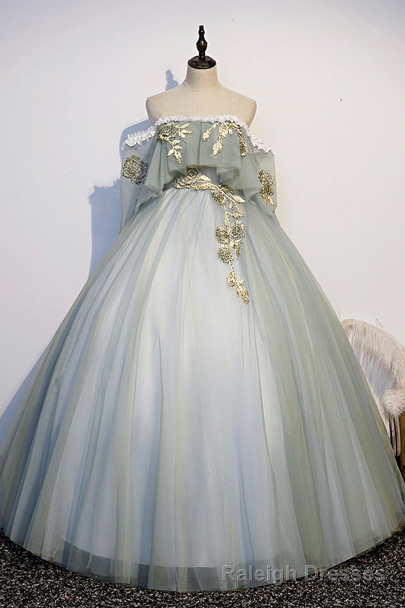 Green Tulle Long Prom Dress with Lace, Off the Shoulder Prom Gowns Main image