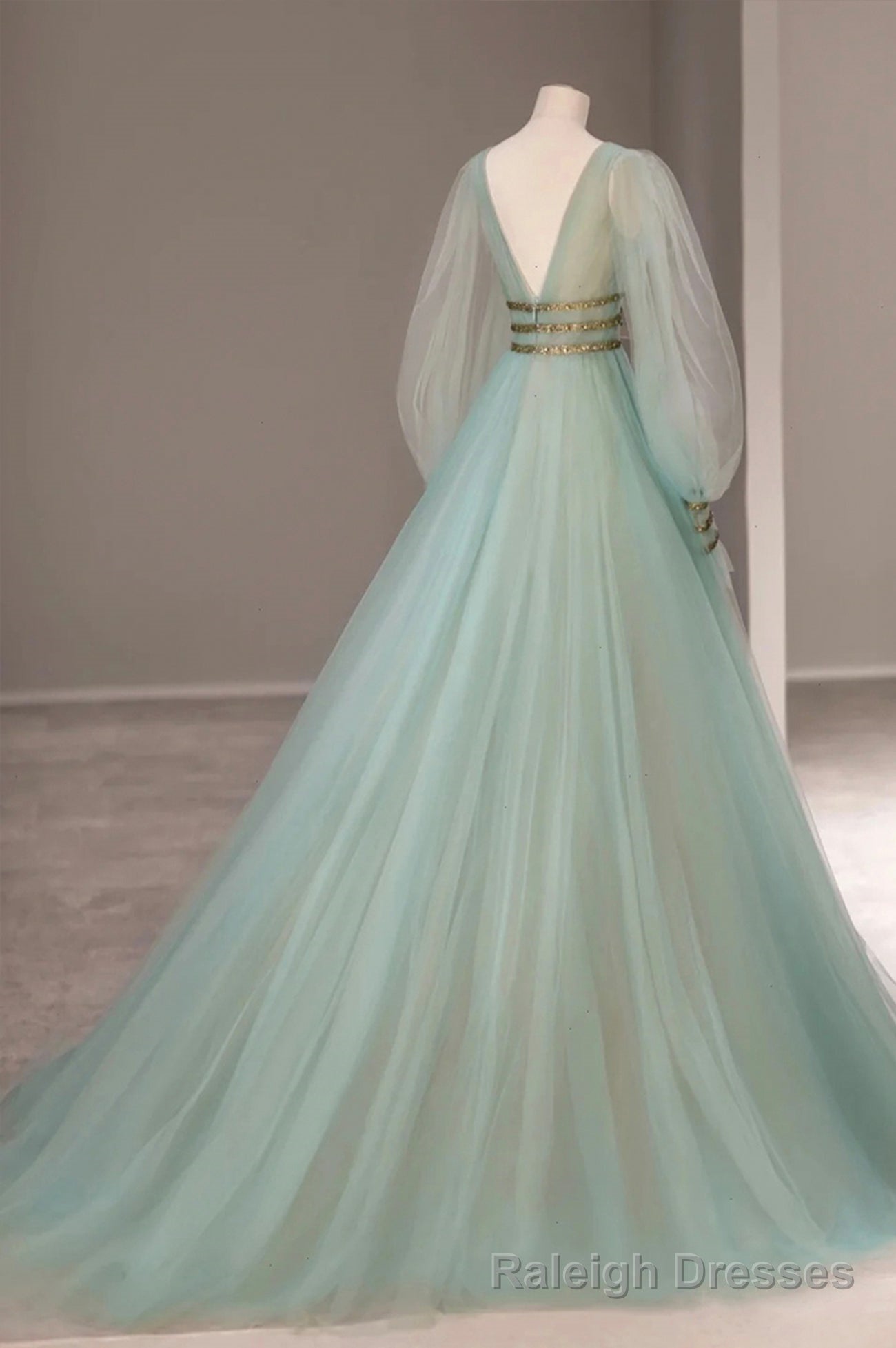 Green Tulle Long Prom Dress with Sequins, Green Long Sleeve Prom Prom Dress