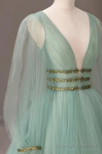 Green Tulle Long Prom Dress with Sequins, Green Long Sleeve Prom Prom Dress