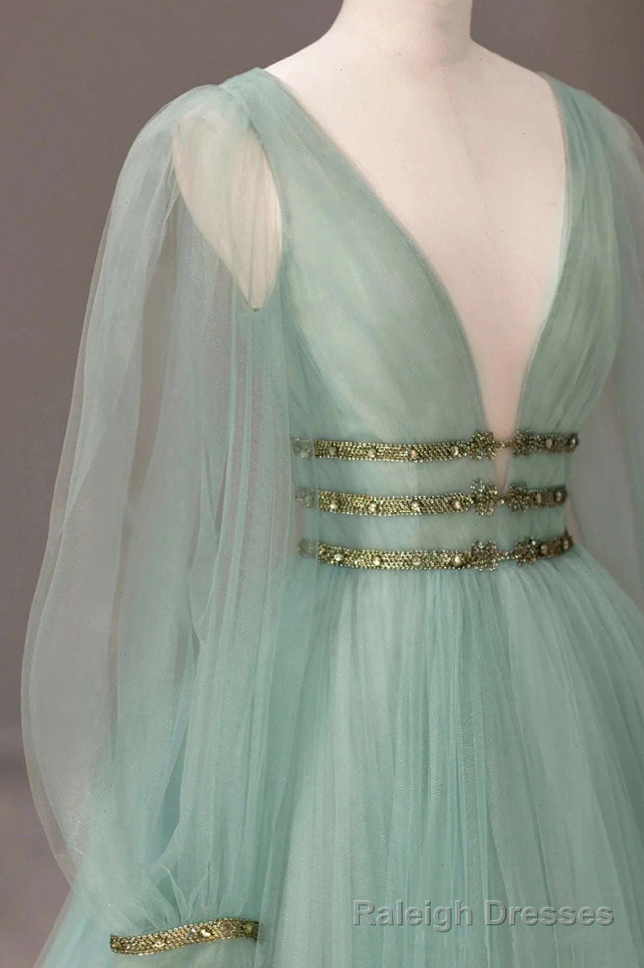 Green Tulle Long Prom Dress with Sequins, Green Long Sleeve Prom Prom Dress