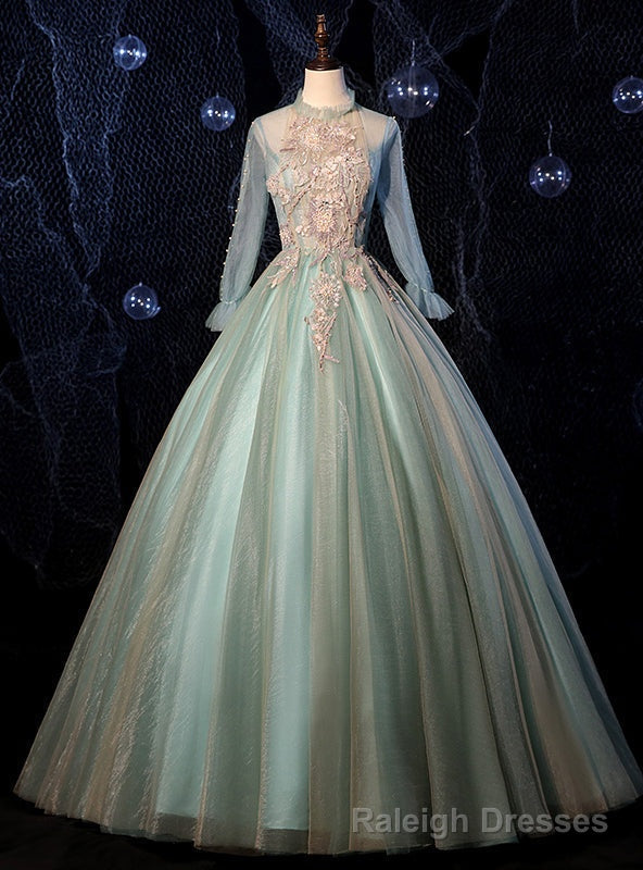 Green Tulle Long Sleeve Appliques Quinceanera Dress Main image