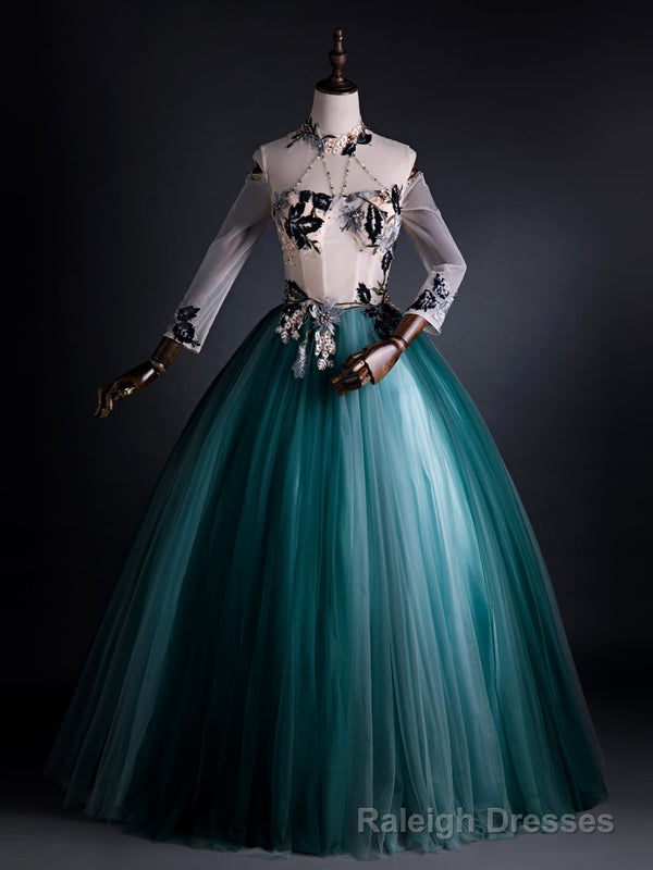 Green Tulle Long Sleeve Backless Appliques Quinceanera Dress