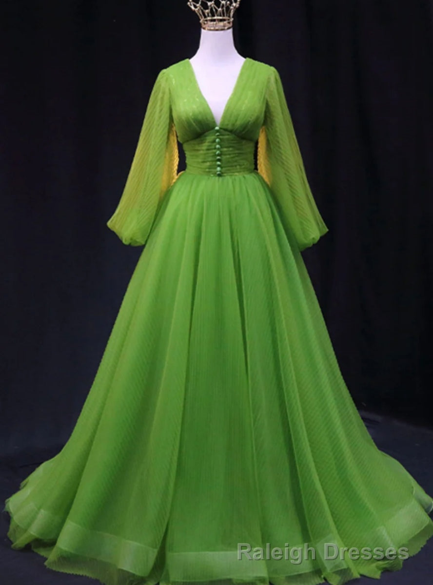 Green Tulle Long Sleeve V-neck Pleats Prom Dress