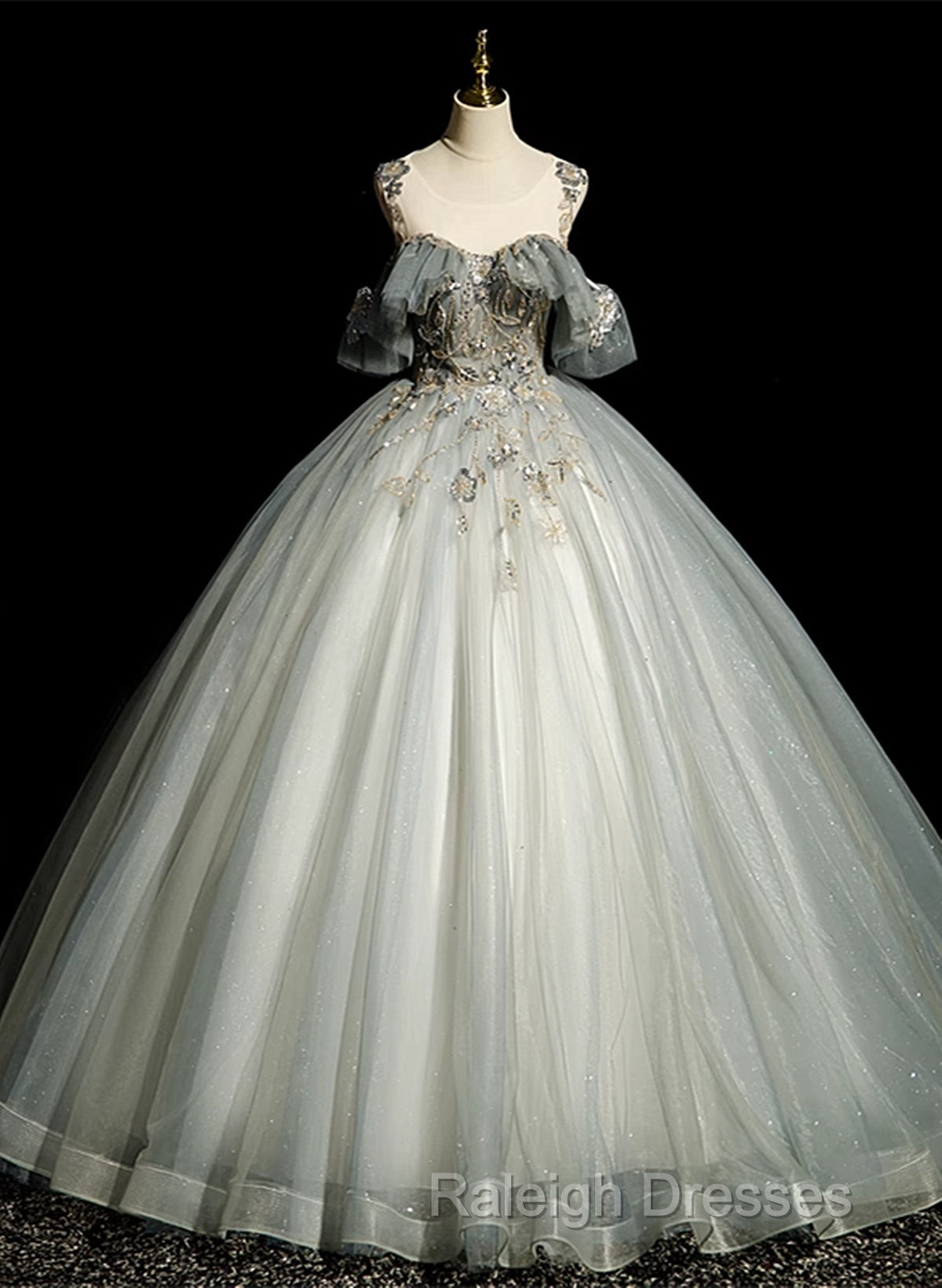 Green Tulle Off Shoulder Ball Gown Beaded Sweet 16 Dress, Green Tulle Formal Dress Secondary image