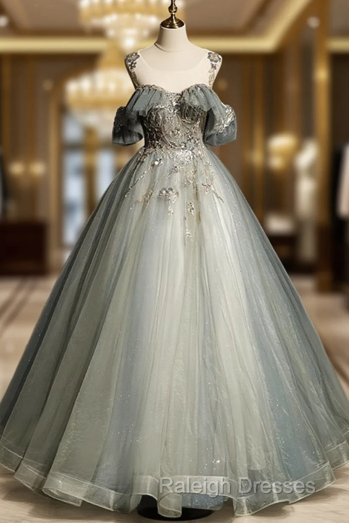 Green Tulle Off Shoulder Ball Gown Beaded Sweet 16 Dress, Green Tulle Formal Dress Main image