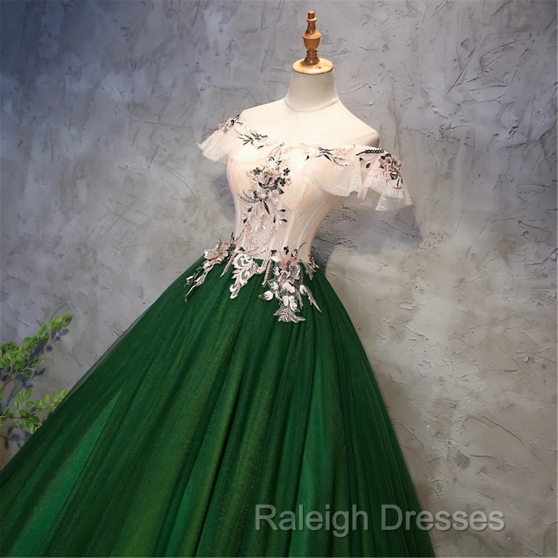 Green Tulle Off Shoulder Long Formal Dress With Lace, Sweet 16 Gown