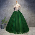Green Tulle Off Shoulder Long Prom Dresses With Lace Sweet 16 Gown
