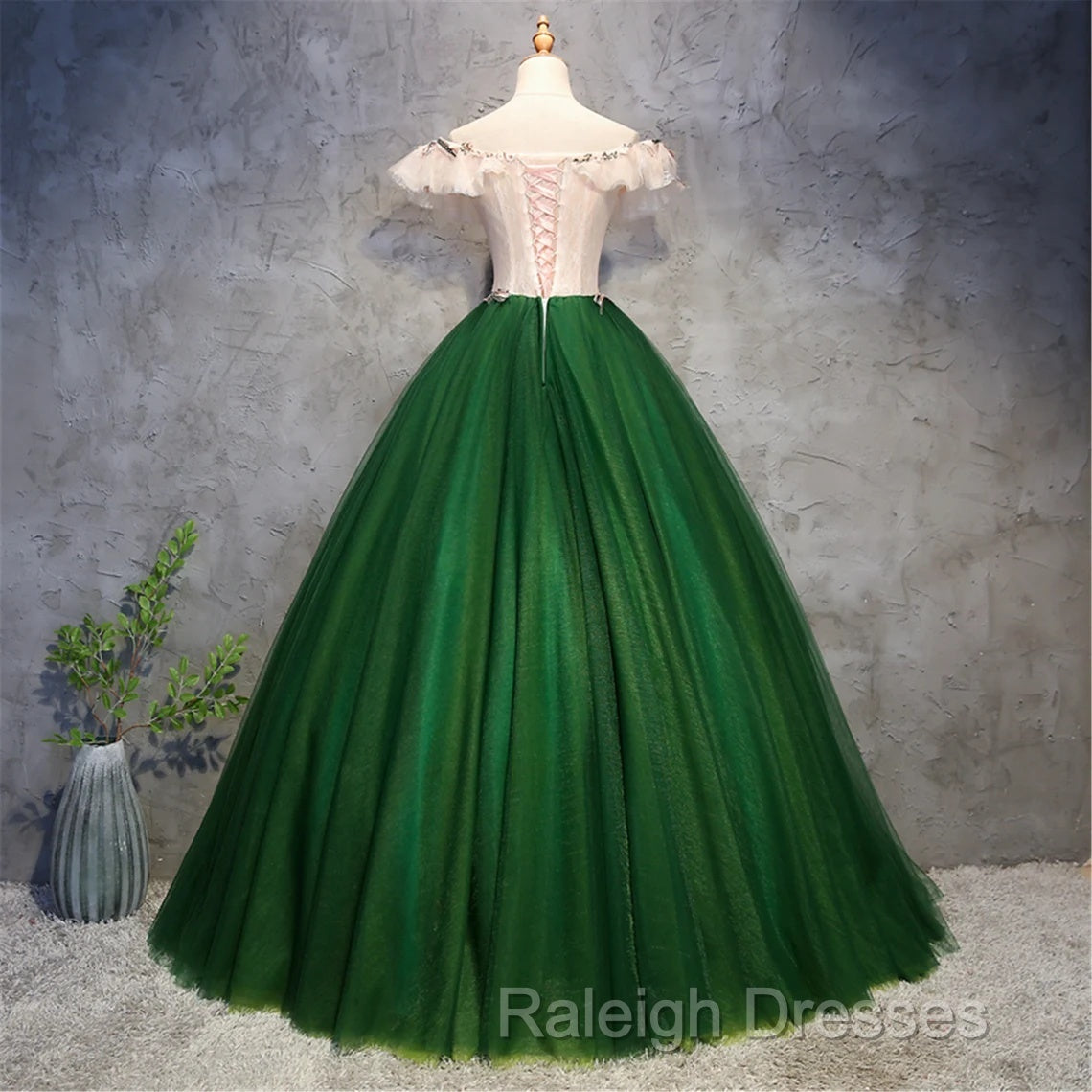 Green Tulle Off Shoulder Long Formal Dress With Lace, Sweet 16 Gown