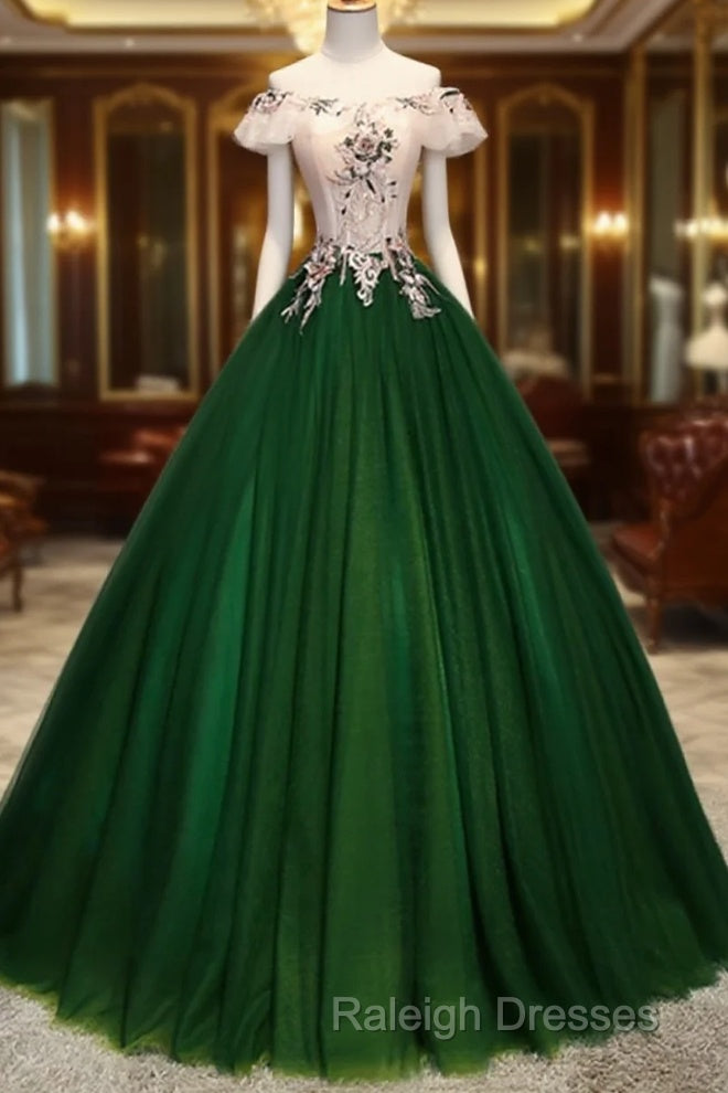 Green Tulle Off Shoulder Long Formal Dress With Lace, Sweet 16 Gown Main image