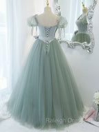 Green Tulle Off Shoulder Long Prom Dress, Green Tulle Formal Dress