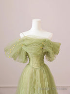 Green Tulle Off Shoulder Long Prom Dresses, Green Tulle Formal Prom Dress