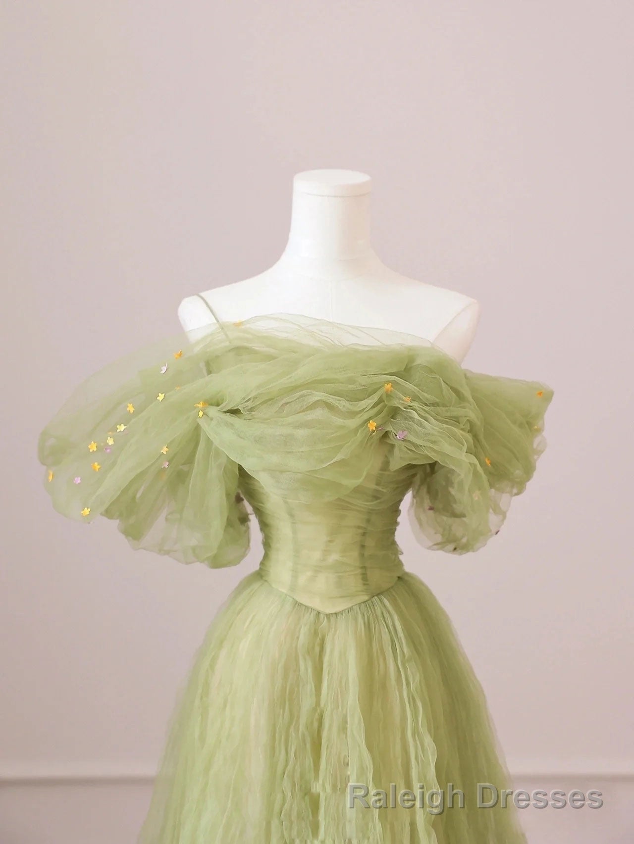 Green Tulle Off Shoulder Long Prom Dresses, Green Tulle Formal Prom Dress