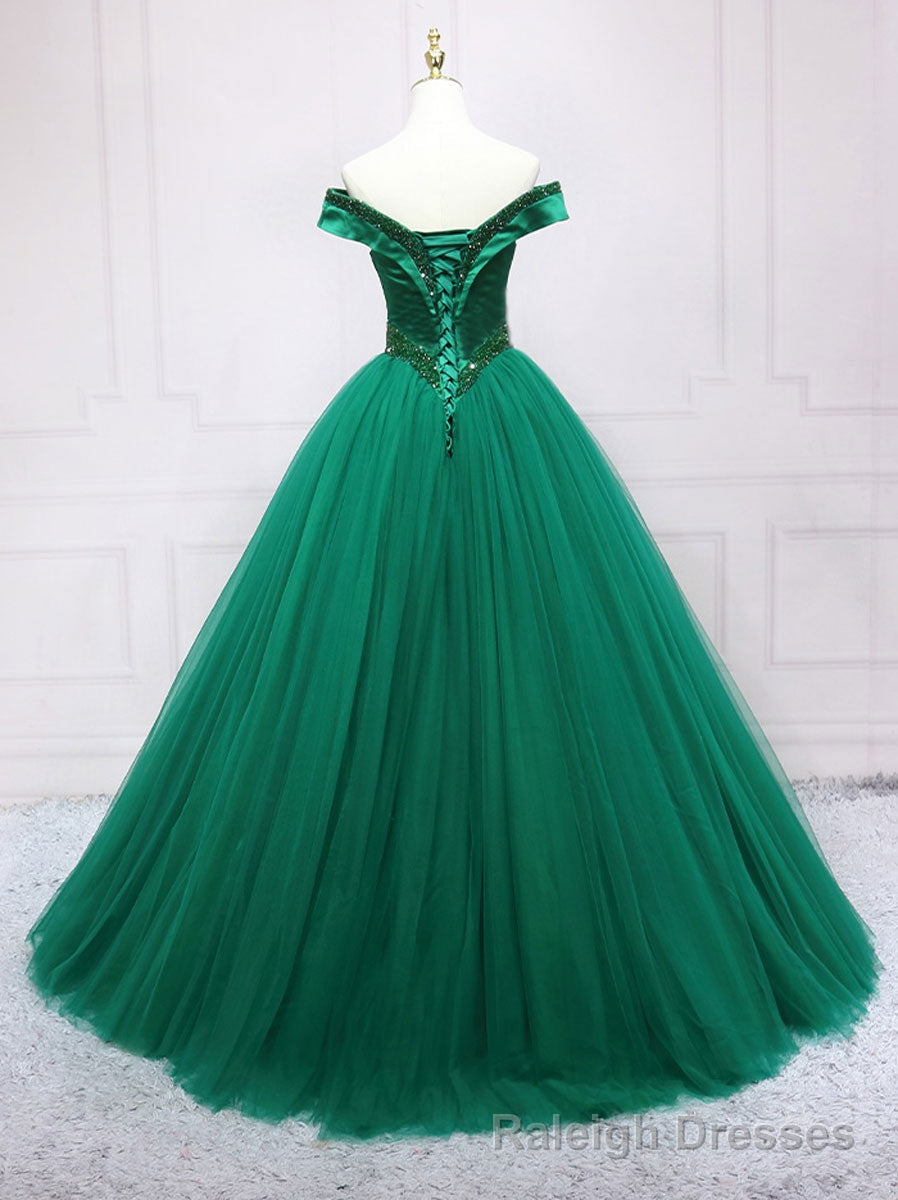 Green Tulle Off Shoulder Tulle Beads Long Prom Dress, Green Formal Graduation Dresses