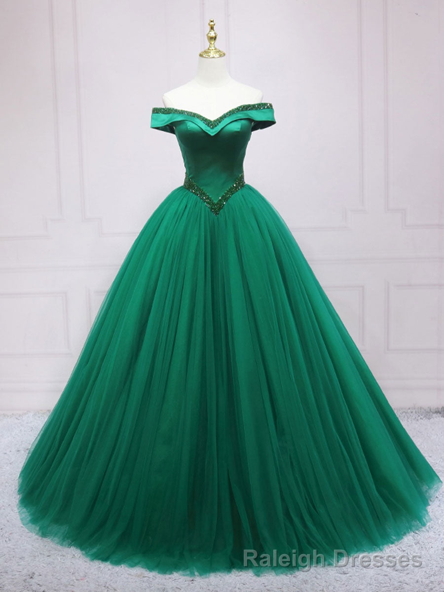 Green Tulle Off Shoulder Tulle Beads Long Prom Dress, Green Formal Graduation Dresses Main image
