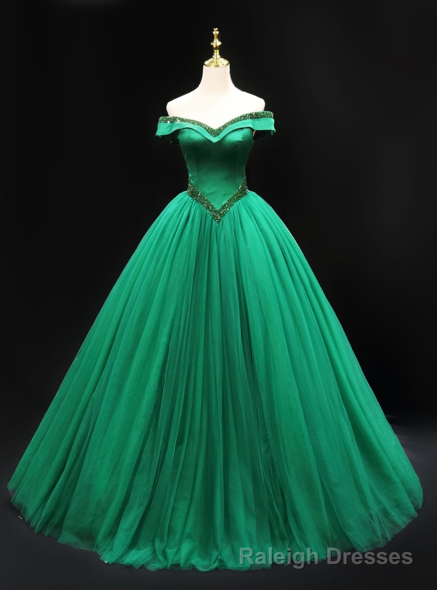 Green Tulle Off the Shoulder Beading Prom Dress