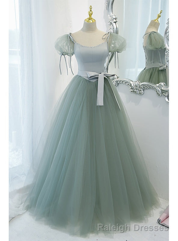 Green Tulle Puff Sleeve Prom Dress With Belt Main image
