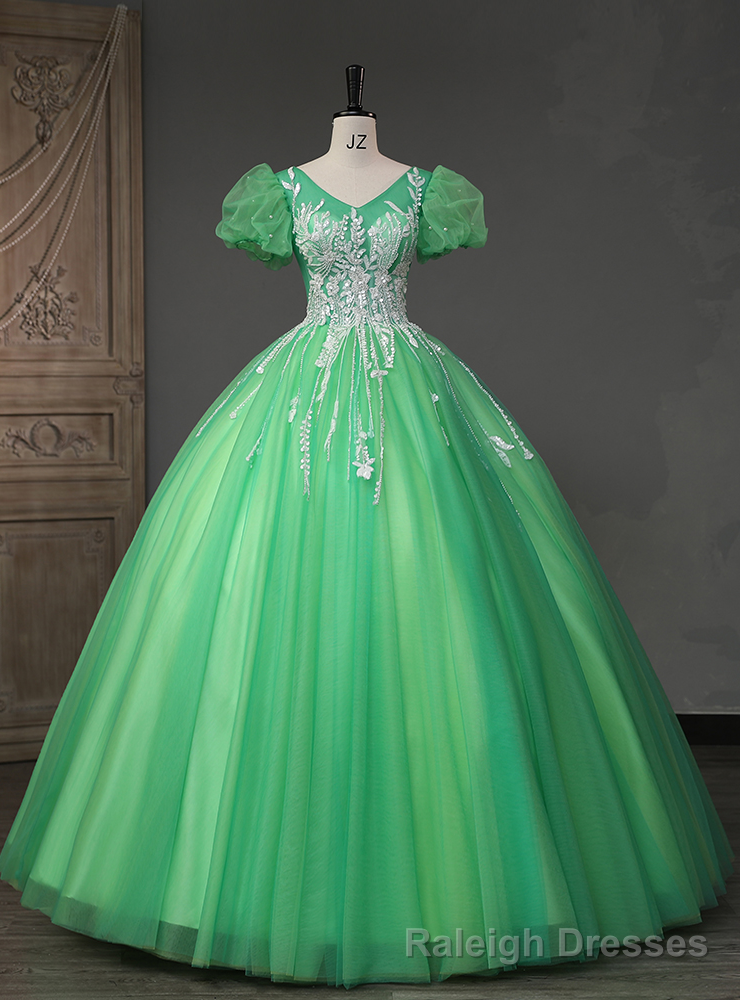 Green Tulle Puff Sleeve Sequins Beading Quinceanera Dress Main image