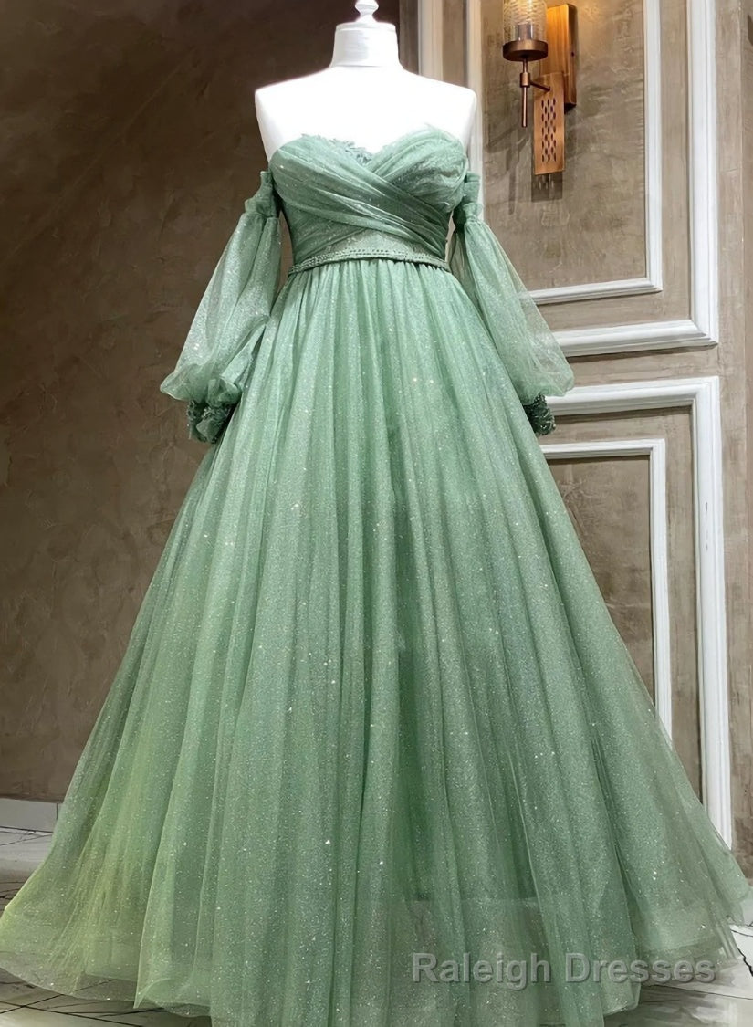 Green Tulle Puffy Sleeves A-line Formal Dresses, Green Long Evening Gown Secondary image