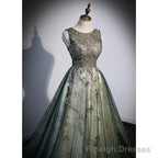 Green Tulle Round Neckline Long Prom Dress, Green Lace Prom Dress
