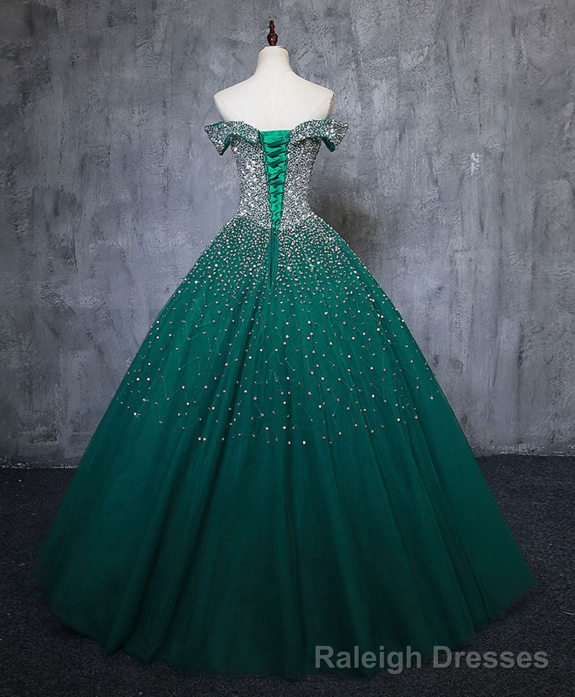 Green Tulle Sequin Long Prom Gown, Green Sequin Sweet 16 Dress