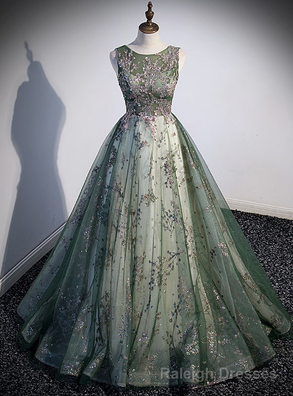 Green Tulle Sequins Backless Prom Dress Main image