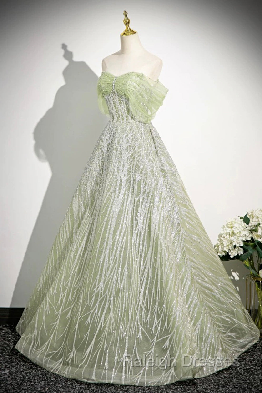 Green Tulle Sequins Long Prom Dress, Beautiful Off The Shoulder Party Dress Secondary image