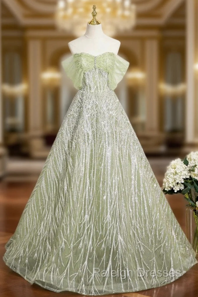Green Tulle Sequins Long Prom Dress, Beautiful Off The Shoulder Party Dress Main image