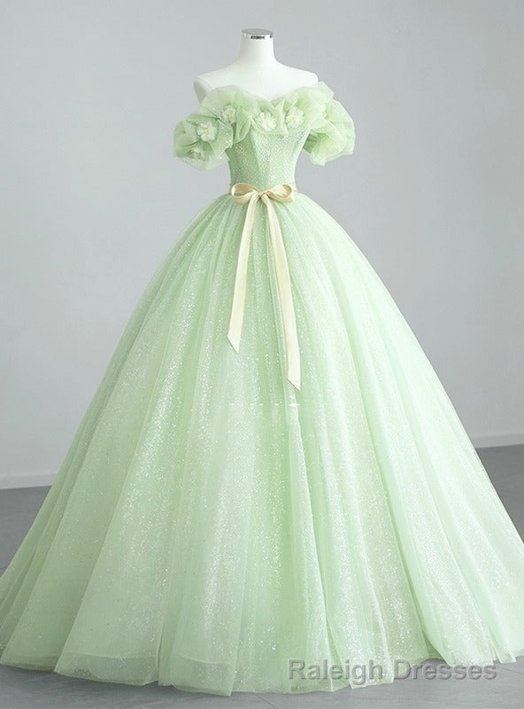 Green Tulle Sequins Off the Shoulder Flower Prom Dress Main image