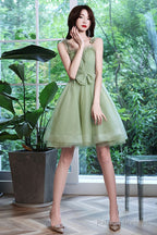 Green Tulle Short Prom Dress, Green A-Line Party Dress With Bow