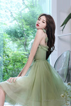 Green Tulle Short Prom Dresses Green A-Line Prom Dresses With Bow