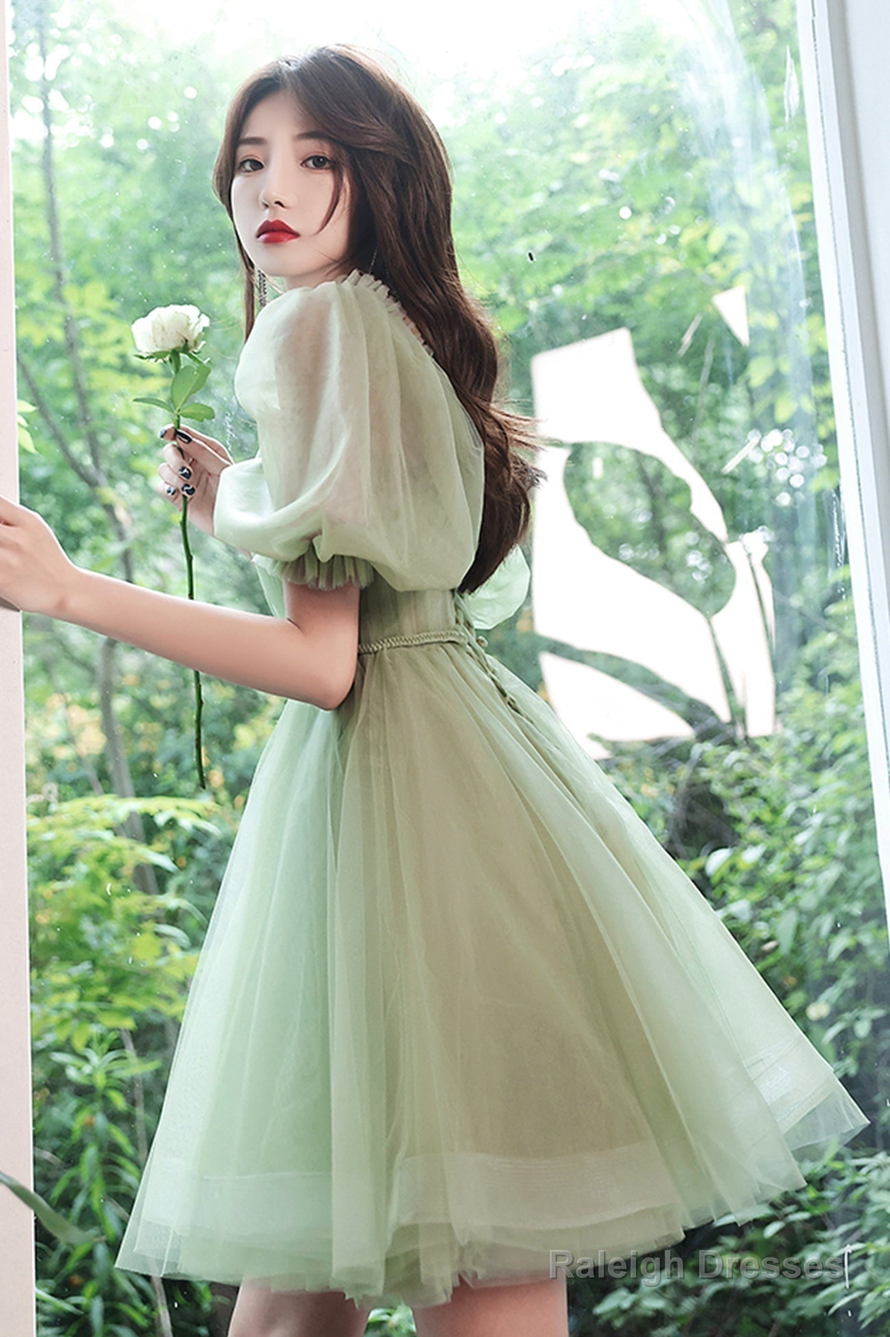 Green Tulle Short Prom Dress, Green A-Line Short Sleeve Party Dress