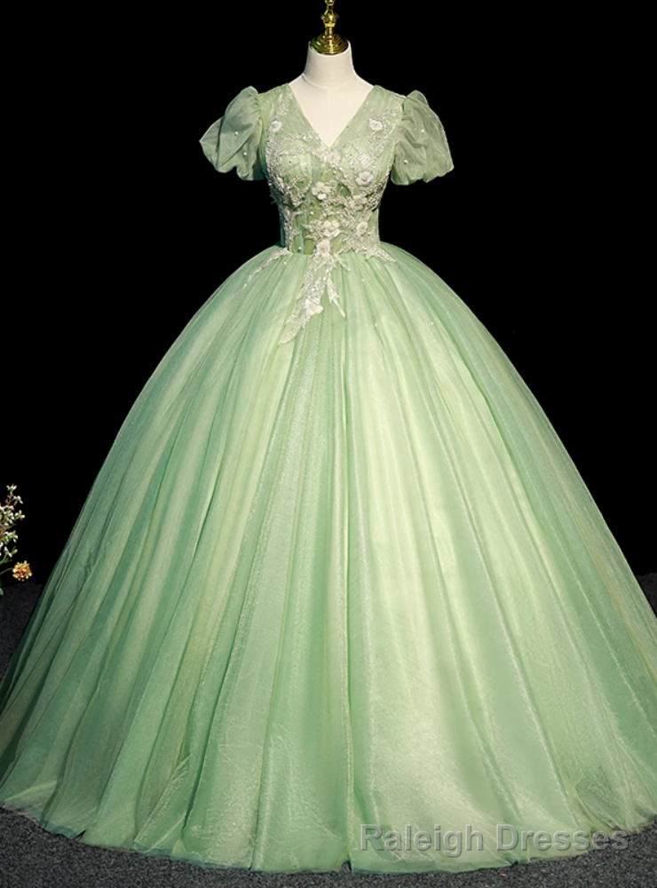 Green Tulle Short Sleeve Beading Quinceanera Dress Main image