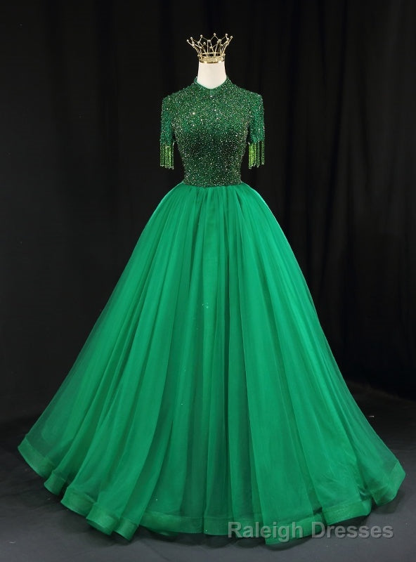Green Tulle Short Sleeve High Neck Beading Prom Dress Main image