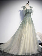 Green Tulle Straps A Line Beaded Long Prom Dress, Green Prom Prom Dress