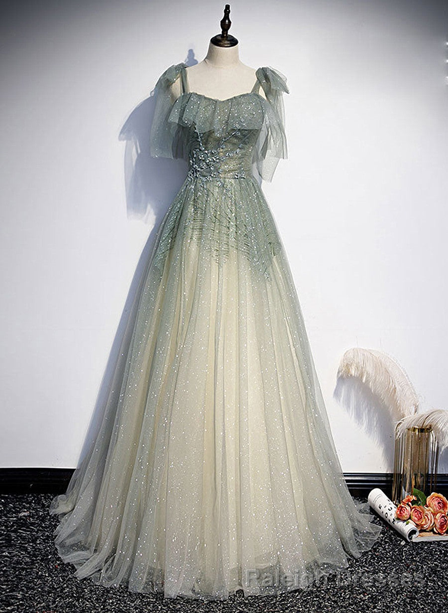 Green Tulle Straps A Line Beaded Long Prom Dress, Green Prom Prom Dress