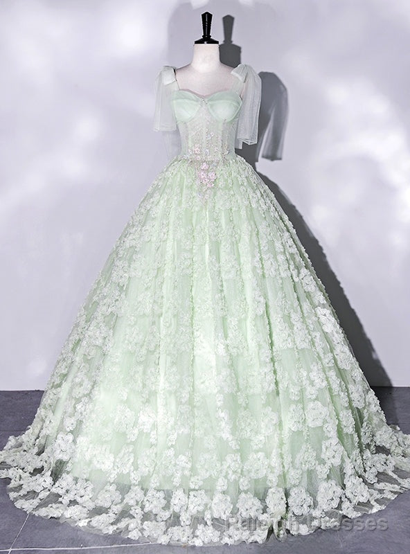 Green Tulle Straps Appliques Quinceanera Dress Main image