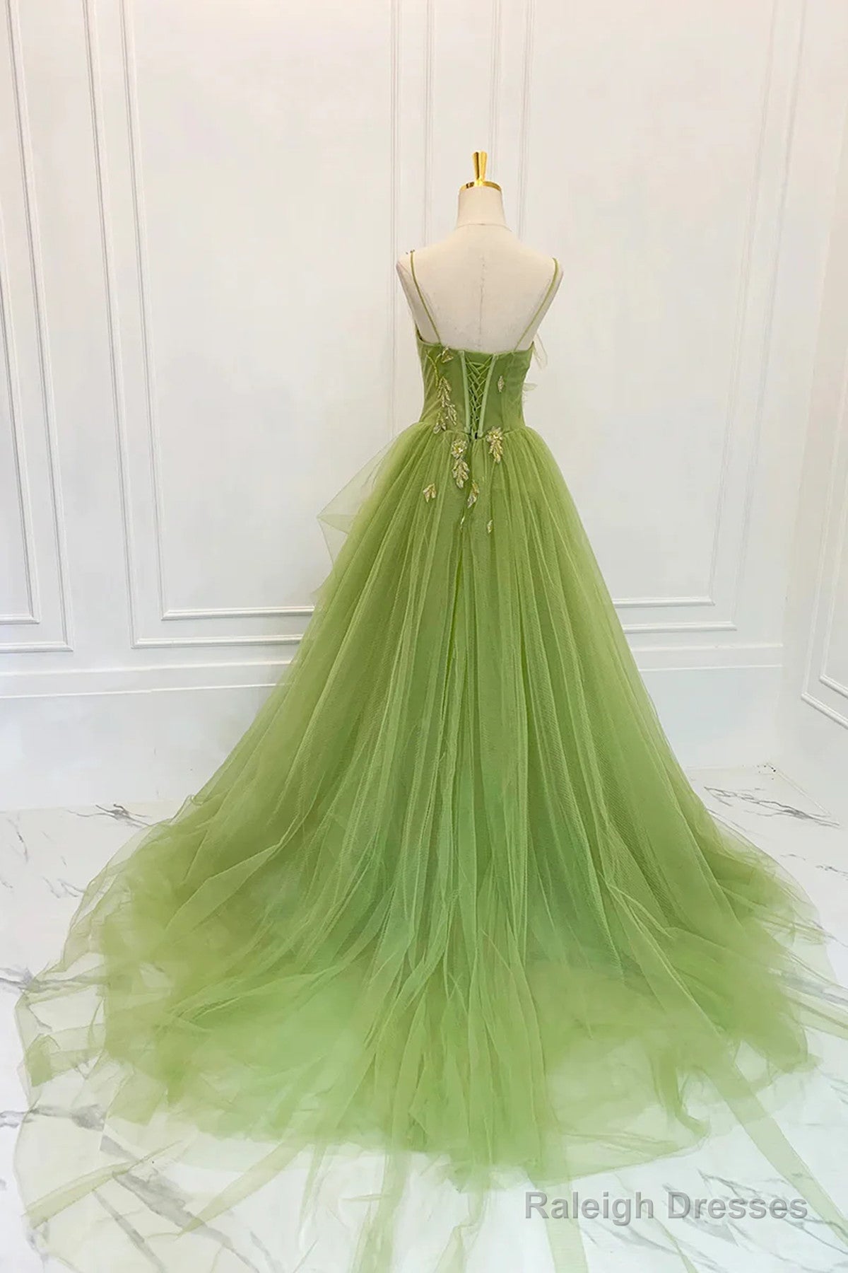 Green Tulle Straps Long Party Dress, Green Tulle Lace Prom Dress Secondary image