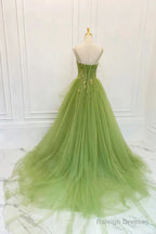 Green Tulle Straps Long Prom Dresses Green Tulle Lace Prom Dresses