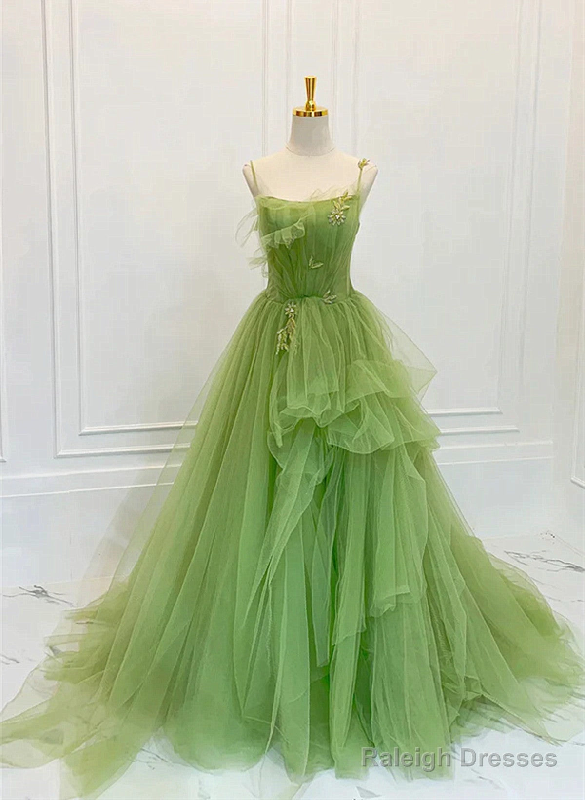 Green Tulle Straps Long Prom Dresses Green Tulle Lace Prom Dresses Main image