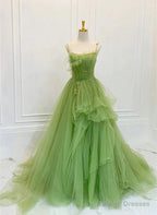 Green Tulle Straps Long Prom Dresses Green Tulle Lace Prom Dresses