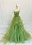 Green Tulle Straps Long Prom Dresses Green Tulle Lace Prom Dresses