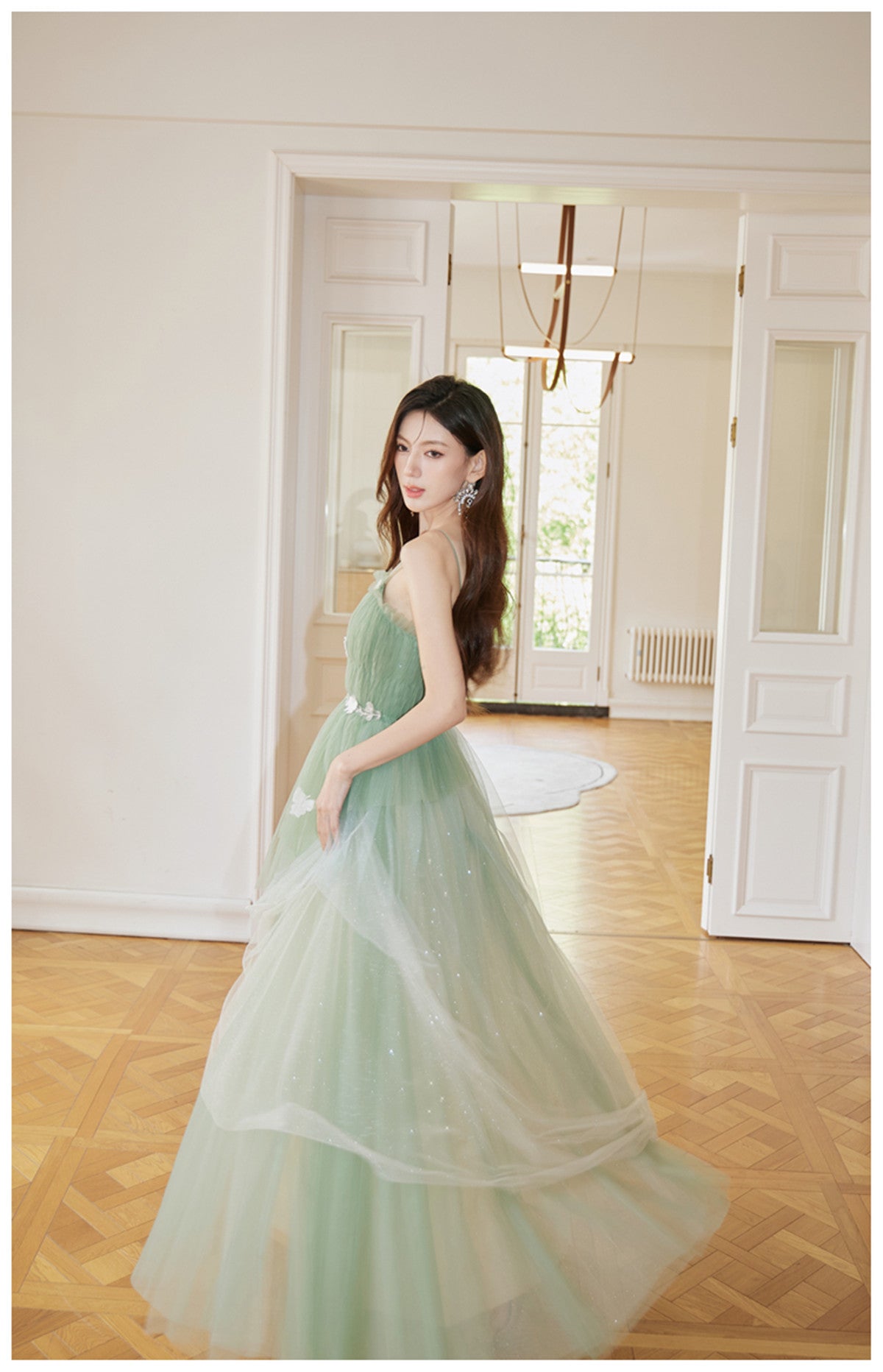 Green Tulle Straps Long Prom Dresses Light Green A-Line Floor Length Prom Dresses