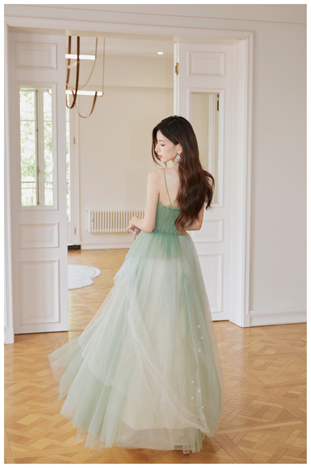 Green Tulle Straps Long Prom Dresses Light Green A-Line Floor Length Prom Dresses