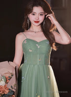 Green Tulle Straps Sweetheart Long Formal Dress, Light Green A-Line Prom Dress