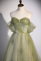 Green Tulle Sweetheart Neckline Long Prom Dress, Green Strapless Prom Dress