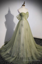 Green Tulle Sweetheart Neckline Long Prom Dress, Green Strapless Prom Dress
