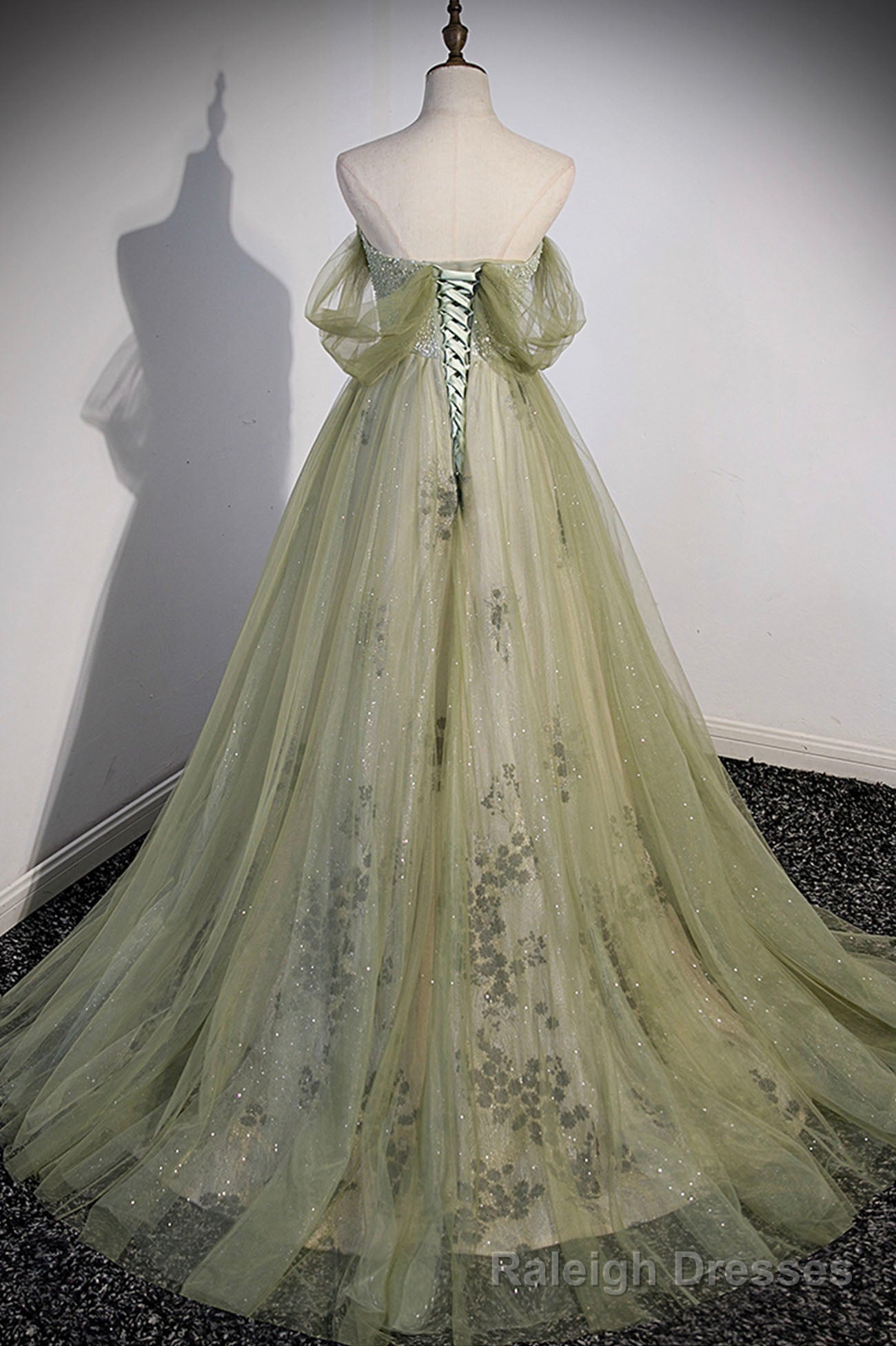 Green Tulle Sweetheart Neckline Long Prom Dress, Green Strapless Prom Dress