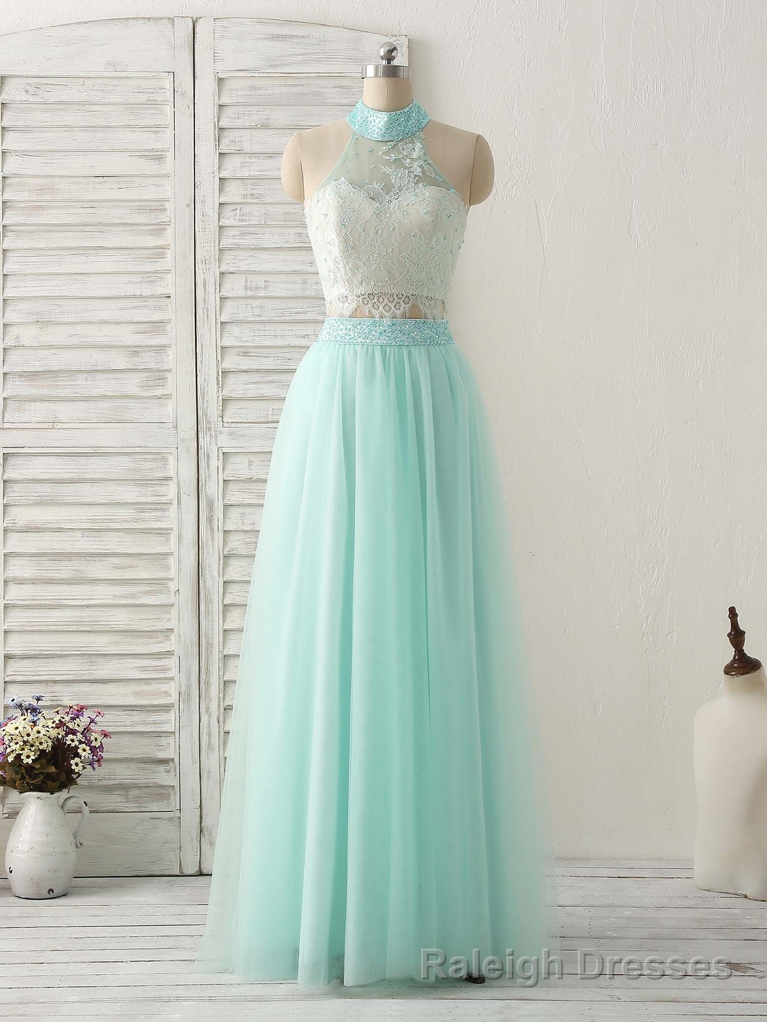 Green Tulle Two Pieces Long Prom Dress Lace Beads Formal Dress Main image